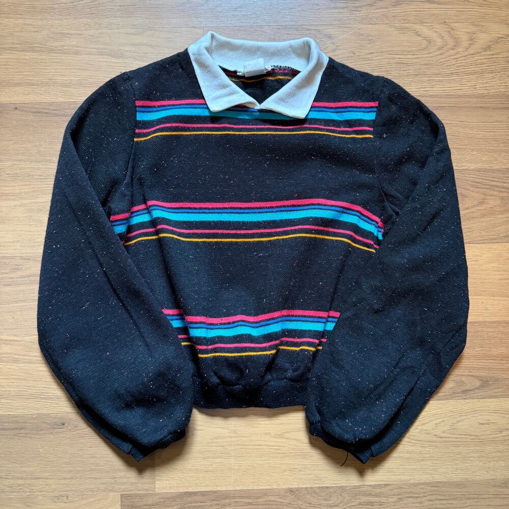 Youth Kids Vintage 80's Black Striped Neon Collared Pullover Sweater Sz Medium